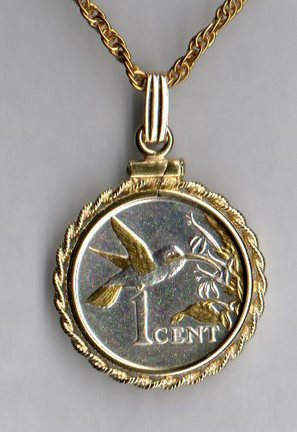 Trinidad & Tobago 1 Cent "Hummingbird" Two Tone Rope Bezel Coin on 18" Chain