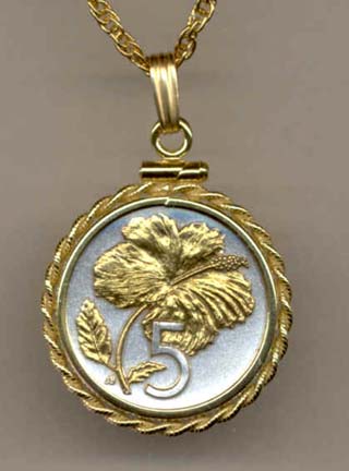 Cook Islands 5 Cent "Hibiscus" Two Tone Rope Edge Coin Pendant with 18" Chain