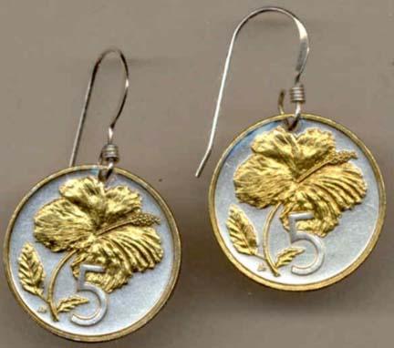 Cook Islands 5 Cent “Hibiscus” Two Tone Coin Earrings  