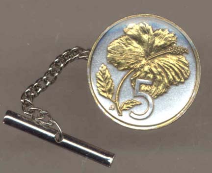 Cook Islands 5 Cent "Hibiscus" Two Tone Gold on Silver World Coin Tie Tack