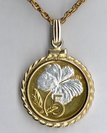 Cook Islands 5 Cent "Hibiscus" Two Tone Rope Bezel Coin on 18" Chain