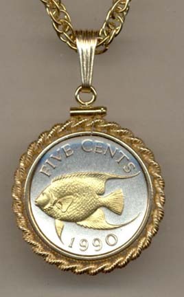 Bermuda 5 Cent “Angel Fish” Two Tone Gold Filled Rope Bezel Coin on 18" Necklace