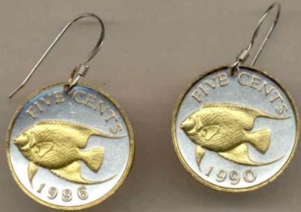 Bermuda 5 Cent “Angel Fish” Two Tone Coin Earrings  
