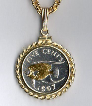 Bermuda 5 Cent "Angel Fish" Two Tone Rope Bezel Coin on 18" Chain