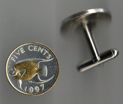 Bermuda 5 Cent "Gold Angel Fish" Two Tone Coin Cuff Links - 1 Pair