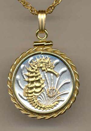 Singapore 10 Cent "Sea Horse" Two Tone Rope Edge Coin Pendant with 18" Chain