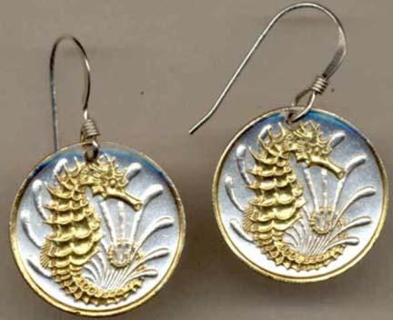 Singapore 10 Cent “Sea Horse” Two Tone Coin Earrings  