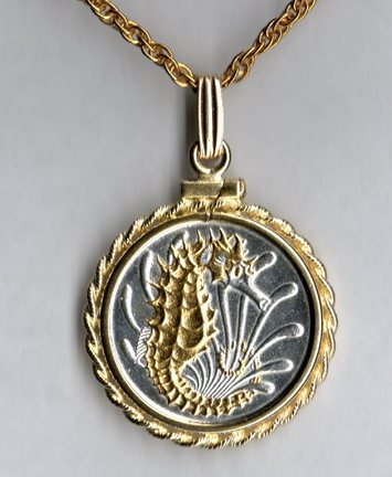 Singapore 10 Cent "Sea Horse" Two Tone Rope Bezel Coin on 18" Chain