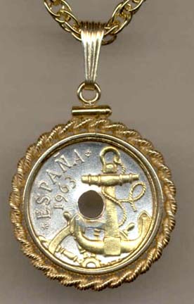 Spanish 50 Centimes "Anchor and Ship's Wheel" Two Tone Coin Pendant with 18" Chain 