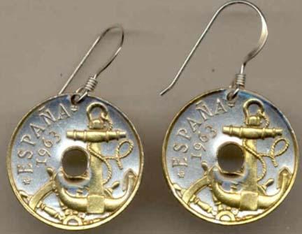 Spanish 50 Centimes “Anchor and Ships Wheel” Two Tone Coin Earrings  