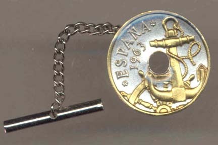 Spanish 50 Centimes 'Anchor and Ships Wheel' Two Tone Coin Tie Tack