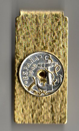 Spanish 50 Centimes "Anchor and Ships Wheel" Two Tone Coin Hinge Money Clip
