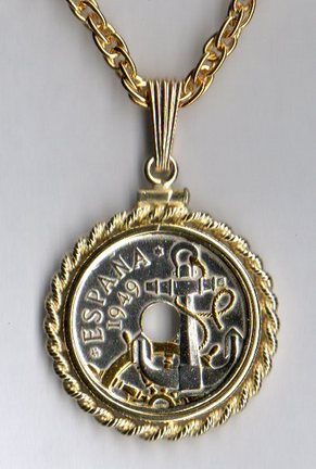 Spanish 50 Centimes "Anchor and Ships Wheel" Two Tone Rope Bezel Coin on 18" Chain