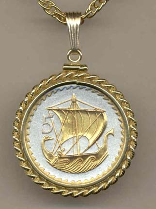 Cyprus 5 Mils "Viking Ship" Two Tone Rope Edge Coin Pendant with 18" Chain