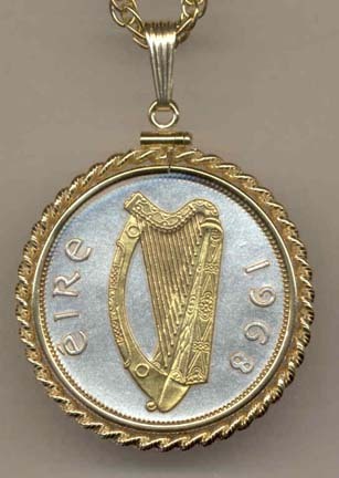 Irish Penny “Harp” (Half Dollar Size) Two Tone Gold Filled Rope Bezel Coin on 24" Necklace