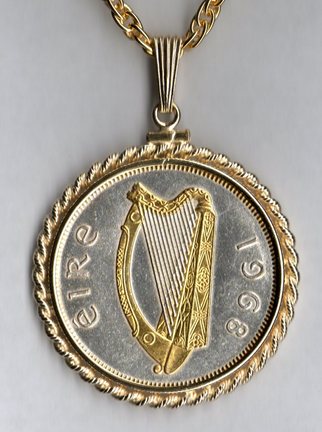 Irish Penny "Harp" Two Tone Rope Bezel Coin on 24" Chain
