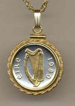 Irish Penny “Harp” (Dime Size) Two Tone Gold Filled Rope Bezel Coin on 18" Necklace