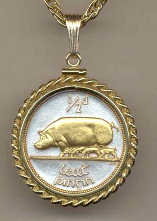 Irish Penny "Pig and Piglets" Two Tone Rope Edge Coin Pendant with 18" Chain