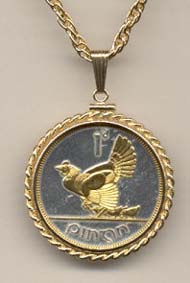 Irish Penny “Chicken with Chicks” Two Tone Gold Filled Rope Bezel Coin on 24" Necklace