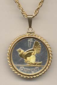 Irish Penny â€œChicken with Chicksâ€ Two Tone Gold Filled Rope Bezel Coin on 24" Necklace