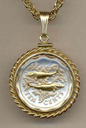 Bahamas 10 cent “Bone Fish” Two Tone Gold Filled Rope Bezel Coin on 18" Necklace
