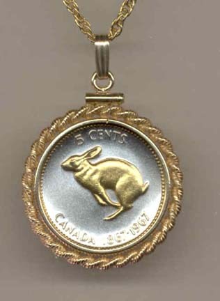 Canadian Centennial 5 Cent “Rabbit” Two Tone Gold Filled Rope Bezel Coin on 18" Necklace