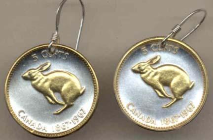 Canadian Centennial 5 Cent "Rabbit" Two Tone Coin Earrings  