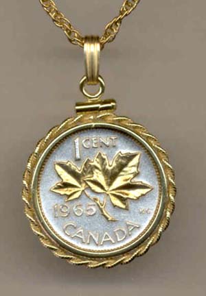 Canadian Penny "Maple Leaf" Two Tone Rope Edge Coin Pendant with 18" Chain 