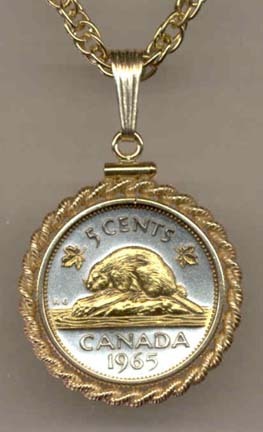 Canadian Nickel “Beaver” Two Tone Gold Filled Rope Bezel Coin on 18" Necklace