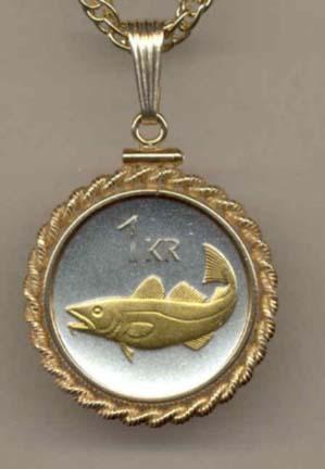 Iceland 1 Krona "Cod Fish" Two Tone Gold Filled Rope Bezel Coin Pendant with 18" Chain