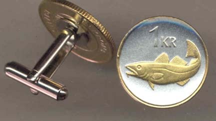 Iceland 1 Krona "Cod Fish" Two Tone Gold on Silver World Cuff Links - 1 Pair