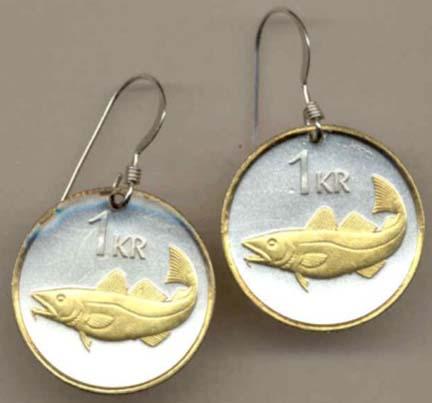 Iceland 1 Krona "Cod Fish" Two Tone Coin Earrings