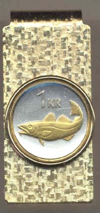 Iceland 1 Krona "Cod Fish" Two Tone Gold on Silver World Coin Hinged Money Clip