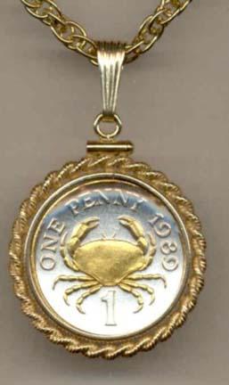 Guernsey Penny "Crab" Two Tone Gold Filled Rope Bezel Coin Pendant with 18" Chain