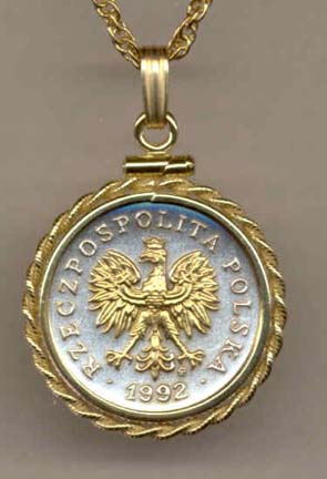Polish 5 Groszy "Eagle with Crown" Two Tone Rope Edge Coin Pendant with 18" Chain