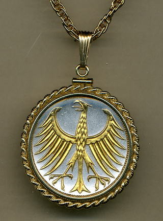 German 5 Mark "Eagle" Two Tone Gold Filled Rope Bezel Coin Pendant with 24" Chain