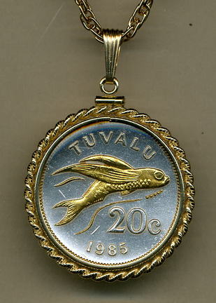 Tuvalu 20 Cent "Flying Fish" Two Tone Gold Filled Rope Bezel Coin Pendant with 24" Chain