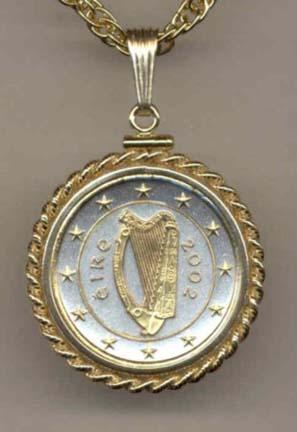 Ireland One Euro Two Tone Gold Filled Rope Bezel Coin Pendant with 18" Chain