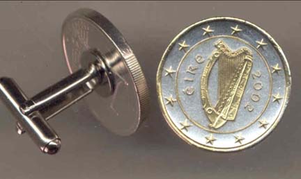 Ireland One Euro "Harp, Stars, Center Circle & Rim in Gold" Two Tone Gold on Silver World Cuff Links - 1 P