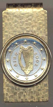 Ireland One Euro "Harp, Stars, Center Circle & Rim in Gold" Two Tone Gold on Silver World Coin Hinged Mone