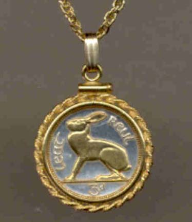 Ireland 3 Pence “Rabbit” Two Tone Gold Filled Rope Bezel Coin Pendant and 18" Chain