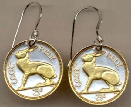 Ireland 3 Pence "Rabbit" Two Tone Coin Earrings