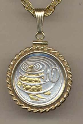 Cayman Islands 10 Cent "Turtle" Two Tone Gold Filled Rope Bezel Coin Pendant with 18" Chain