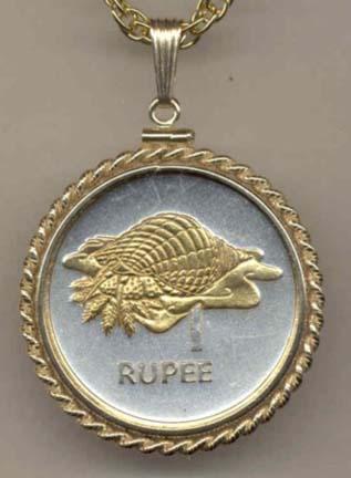 Seychelles 1 Rupee "Conch" Two Tone Gold Filled Rope Bezel Coin Pendant with 24" Chain