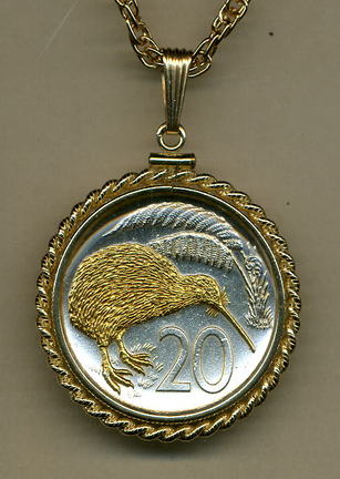 New Zealand 20 Cent "Kiwi" Two Tone Gold Filled Rope Bezel Coin Pendant with 24" Chain