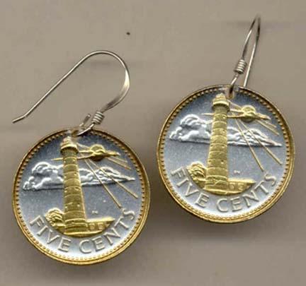 Barbados 5 Cent "Lighthouse" Two Tone Coin Earrings