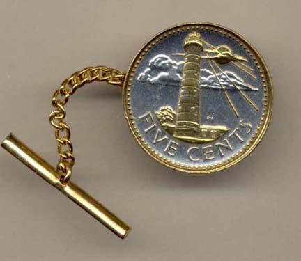 Barbados 5 Cent "Lighthouse" Two Tone Gold on Silver World Coin Tie Tack