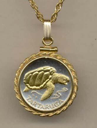 Cape Verde 1 Escudos "Sea Turtle" Two Tone Gold Filled Rope Bezel Coin Pendant with 18" Chain