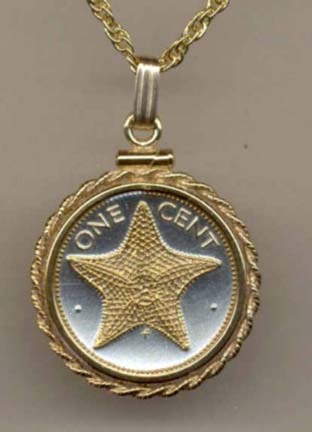 Bahamas 1 Cent "Star Fish" Two Tone Rope Bezel Coin Pendant with 18" Chain