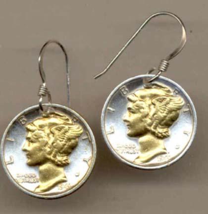 Mercury Silver Dime Two Tone Coin Earrings